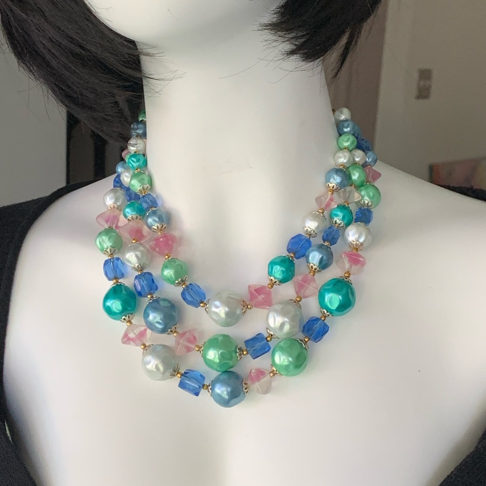 Vintage Japan Pastel Bead Necklace & Clip Earrings Set Multicolor Cluster